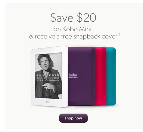 Save $20 on Kobo Mini & receive a free snapback cover(4)