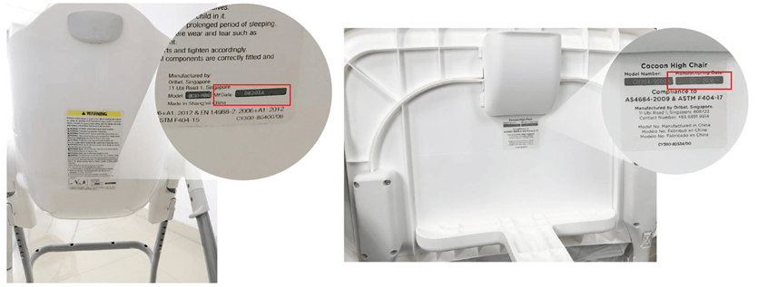 Visual representaion of location of compliance sticker on bottom of tray or back of seat