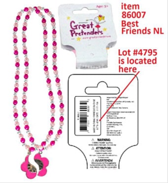 Creative Education of Canada, Inc. is conducting a batch recall of the Great Pretenders Best Friends Necklaces Set. 771877860072 – Great Pretenders Best Friends Necklaces Set