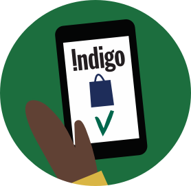 An illustrated of a phone with the Indigo app on the screen.