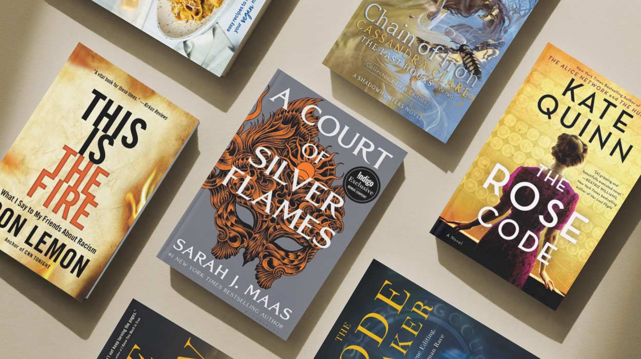 Indigo's current bestseller books on display.