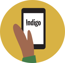 An illustrated hand holding a phone with the Indigo logo on it.
