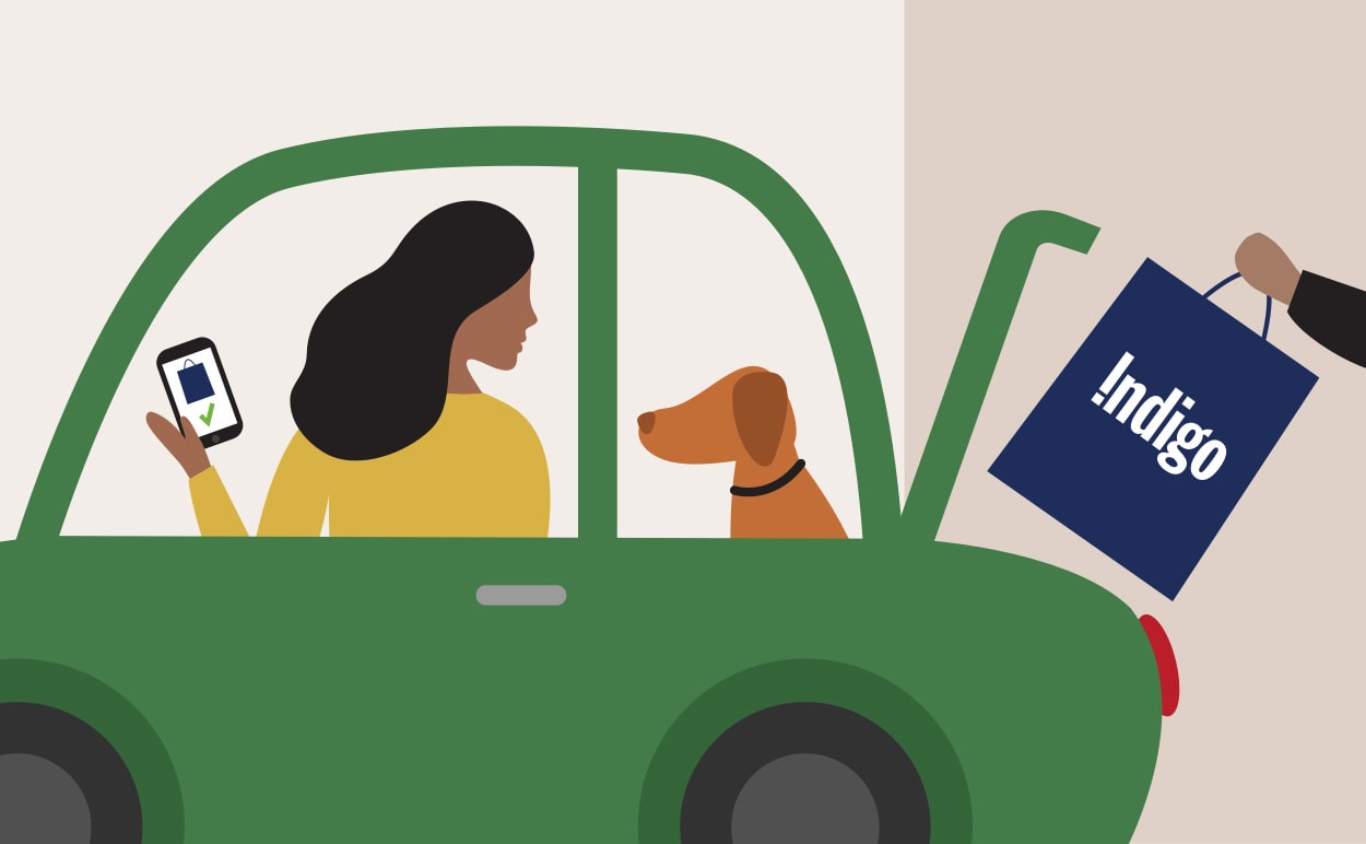 An illustration of a person in a car using Indigo's curbside pickup service.