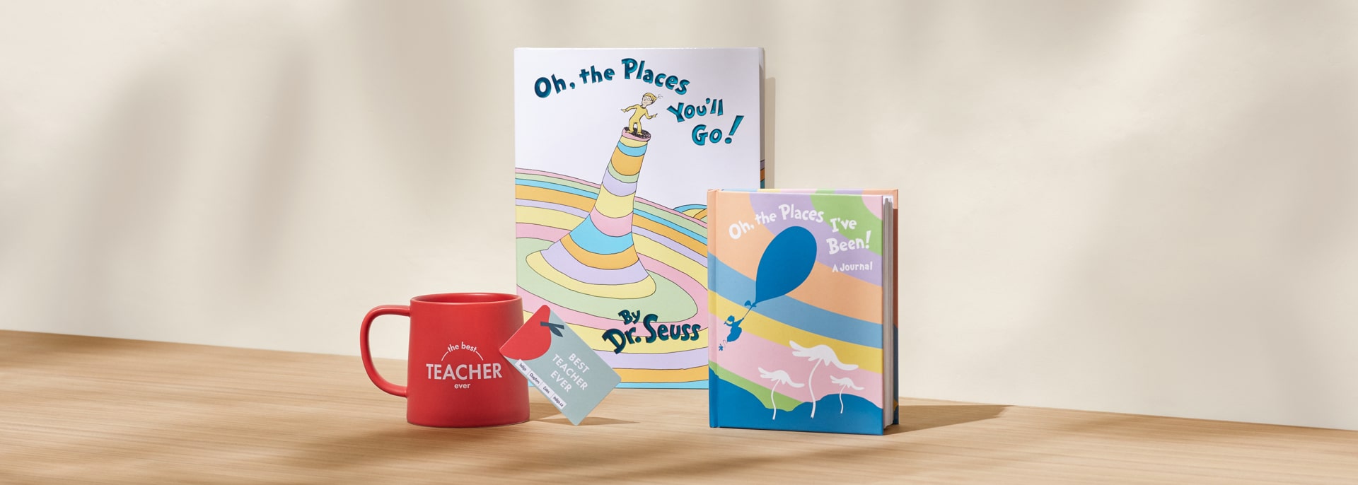Teacher appreciation gifts such as a mug, gift card and Dr. Suess books.