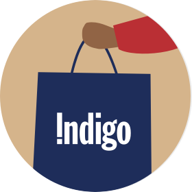 An illustrated hand holding a shopping bag with the Indigo logo on it.