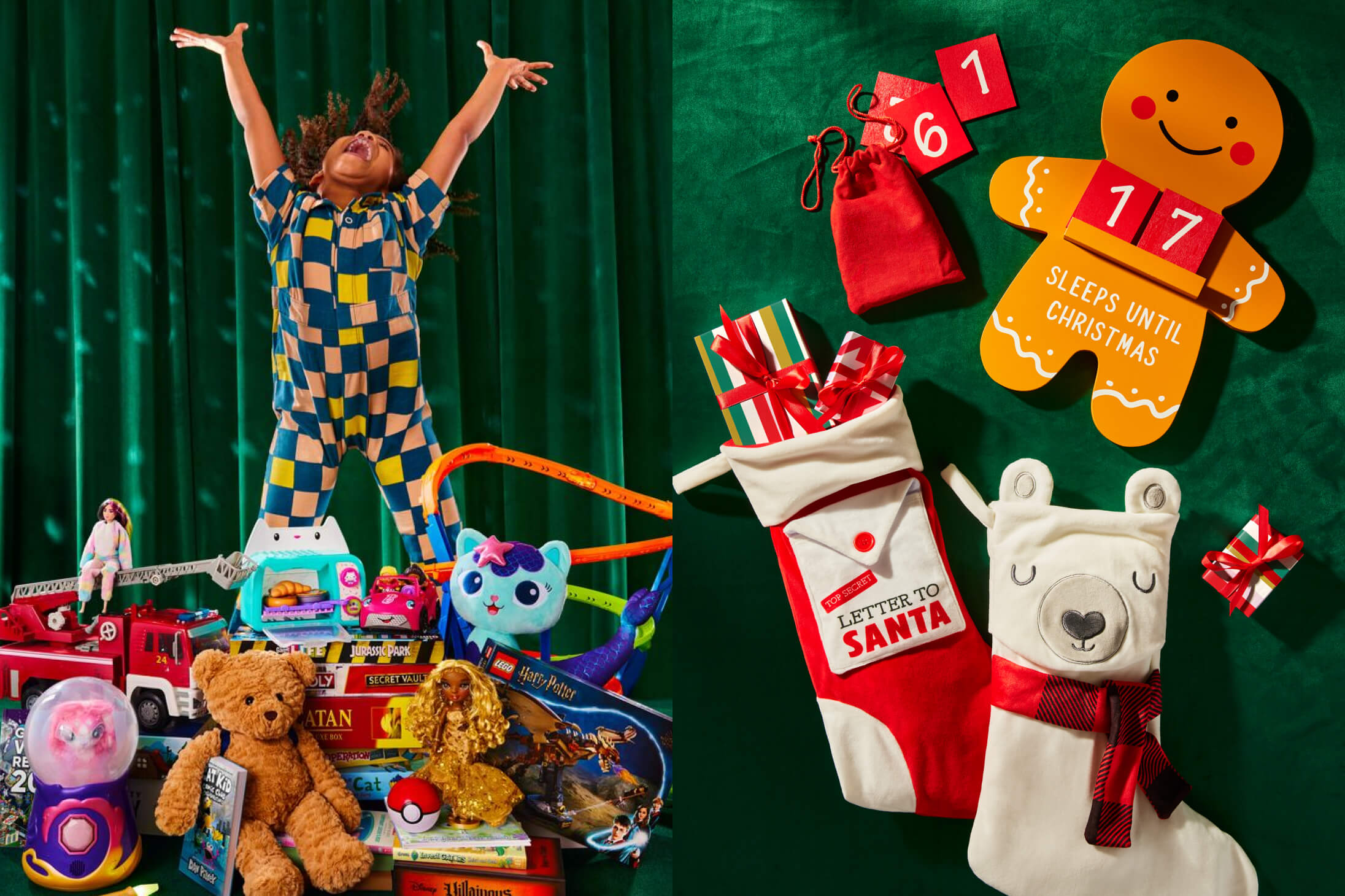 An excited child standing behind an assortment of Christmas toys consisting of games & puzzles, plush & stuffed animals, dolls, trains & vehicles, and playsets.