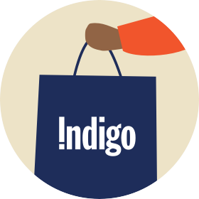 An illustrated hand holding a shopping bag with the Indigo logo on it.